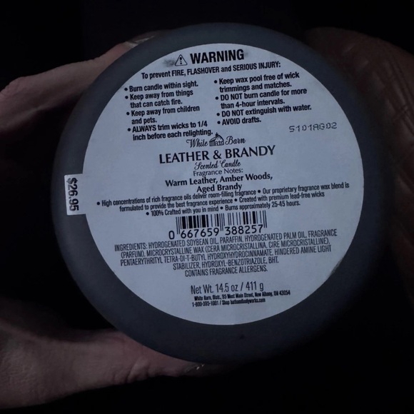 Bath and Body Works 3 Wick Candle White Barn Candle Leather & Brandy 14.5 oz - Picture 2 of 3